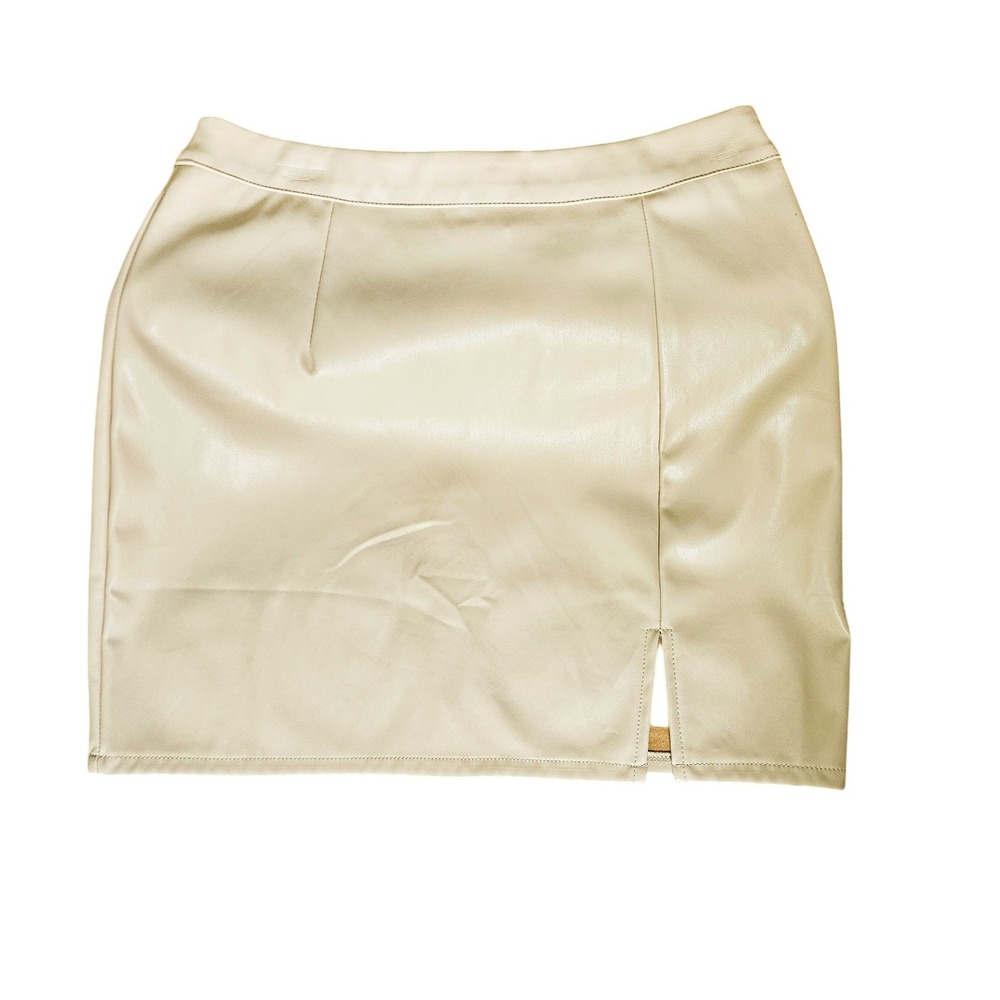 Faux Leather Mini Skirt Beige Cream Front Slit Preppy Dark Academia Y2K - NWT